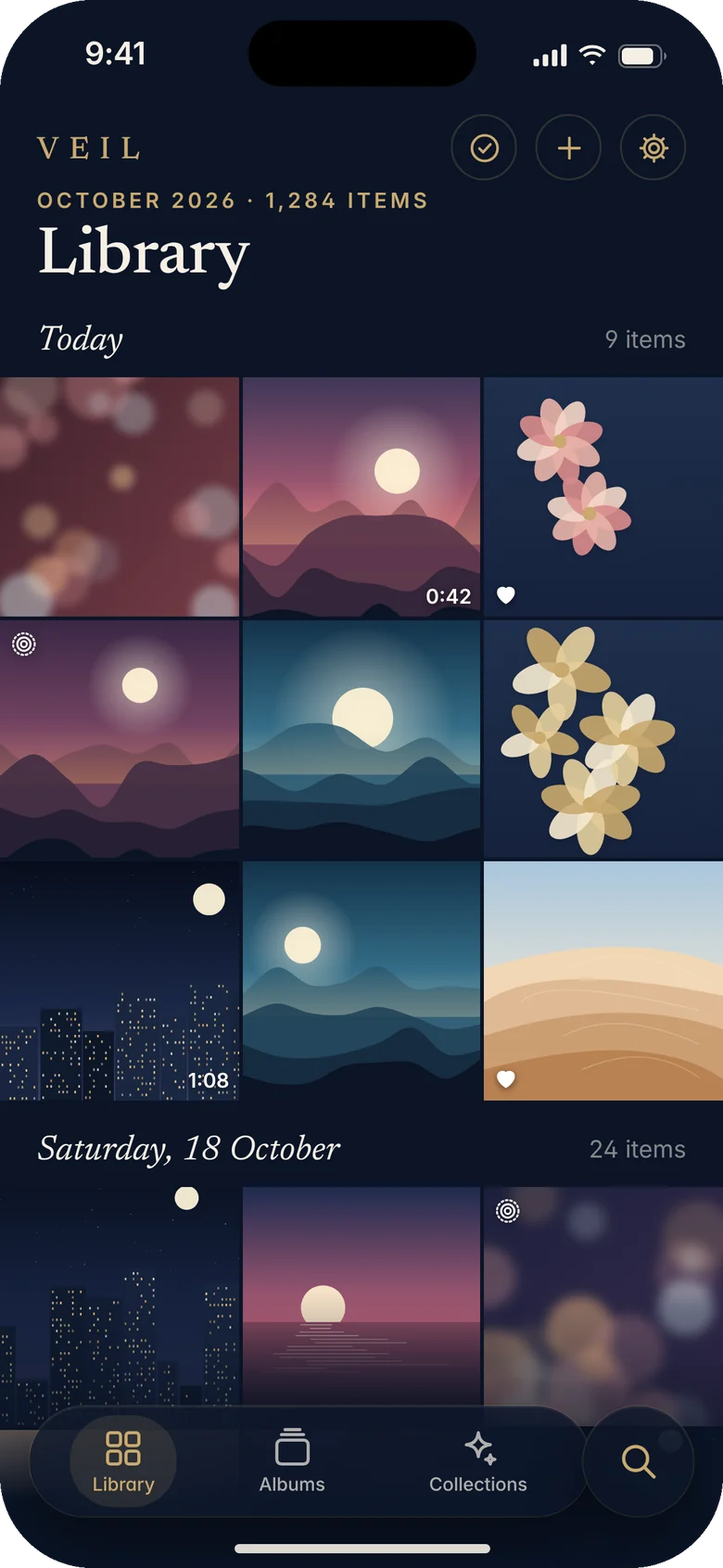 The VEIL library: a grid of photos under the serif VEIL title, with a floating tab bar for Library, Albums and Collections and a separate search button.